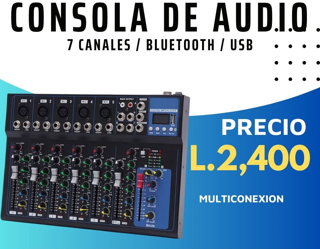 Anuncio de consola de audio de 7 canales con Bluetooth y USB; precio de referencia L 2,400