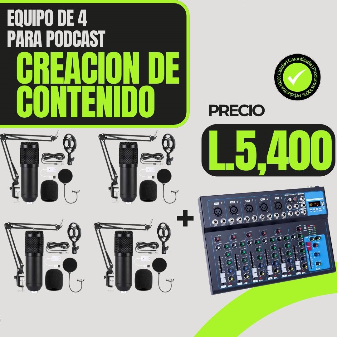 Anuncio de paquete con cuatro micrófonos, brazos y mezcladora; precio de referencia L 5,400