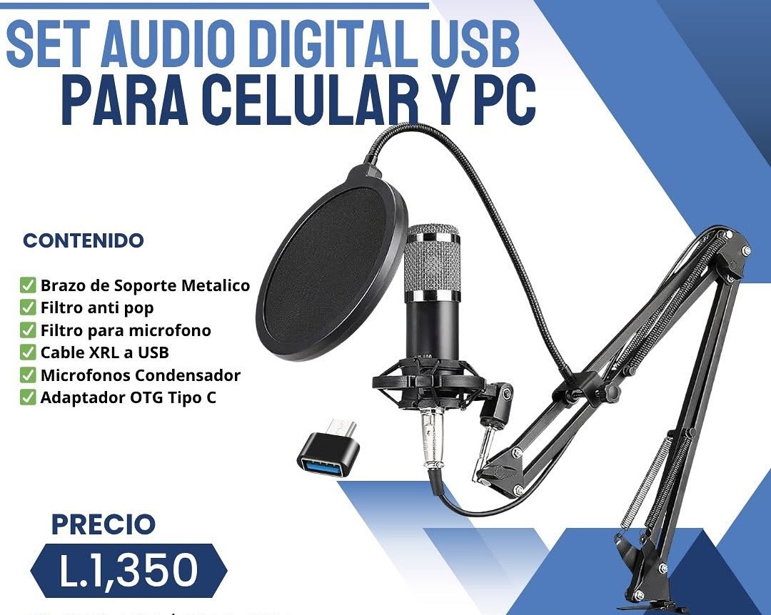 Anuncio de set de micrófono con brazo, filtro antipop y adaptador USB; precio de referencia L 1,350
